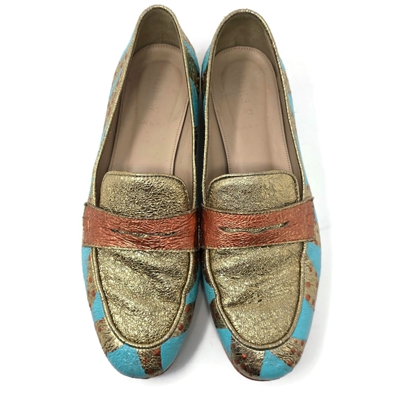 One Of A Kind Hand Painted Crinkle Gold Penny Loafers J Crew Women's 8 - Picture 11 of 14